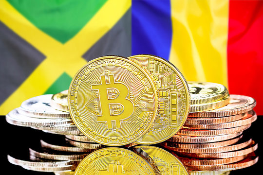 bitcoins on Jamaica and Moldova flag background