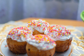Easter holiday.colorful cakes are on the table