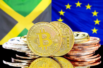 bitcoins on Jamaica and European Union flag background