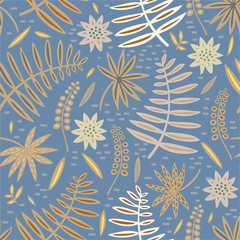 Tropical seamless pattern of palm leaves and flowers. Vector graphics. - 283257441