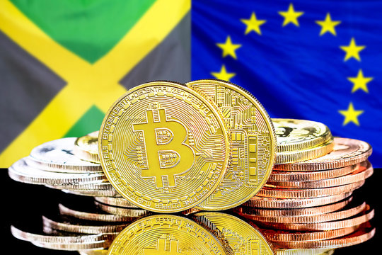 bitcoins on Jamaica and European Union flag background