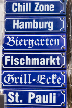 Diverse Schilder Hamburg, Biergarten, Fischmarkt, St. Pauli