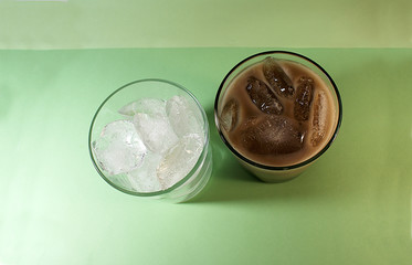 Ice coffee with milk in a glass, ice cubes.