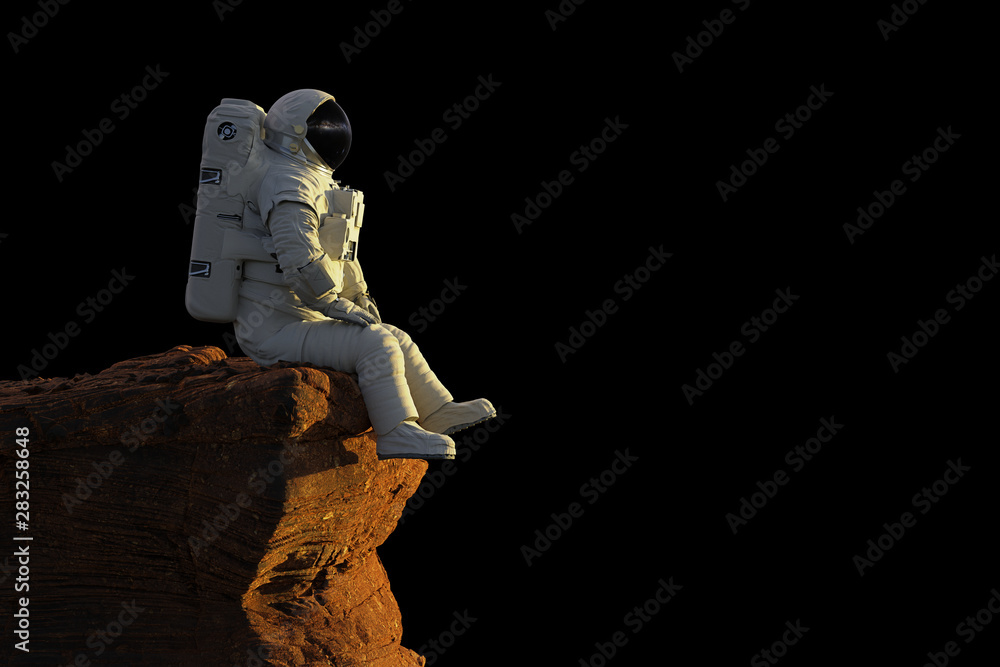 Canvas Prints astronaut on planet mars sitting on a cliff, isolated on black background