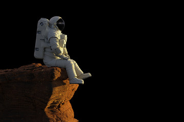 astronaut on planet Mars sitting on a cliff, isolated on black background © dottedyeti