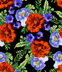 Rose flower with pansy and purple color flower seamless pattern design