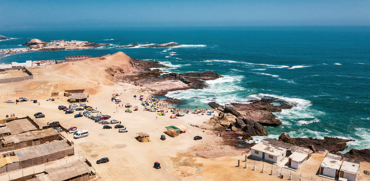 Panoramic aerial view of Pocitas beach in Huarmey, North of Lima, Peru