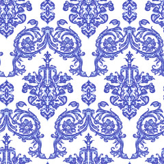 Azulejos - seamless pattern. Portuguese Dutch and oriental tile in shades of in classic pale blue ang indigo colors. Baroque Vector mosaic. Rococo and Arabesque ornament
