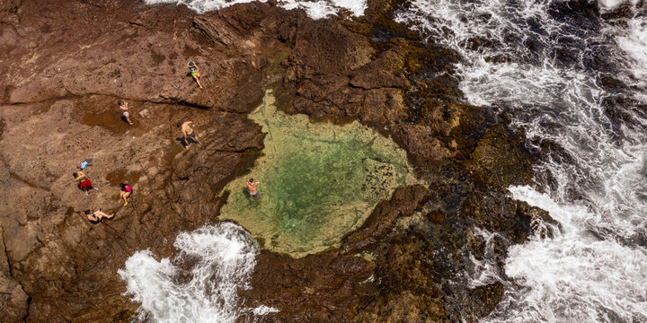 Aerial view of a natural pool in "Pocitas beach" in Huarmey city, Anchash, Peru. Huarmey beachs are a very preffered place for summer time at north of Lima, Peru.