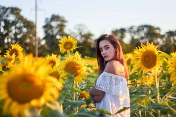 Beautiful young girl enjoying nature on a field of sunflowers. Sunlight plays on the field. Outdoor lifestyle. Summer cozy mood.