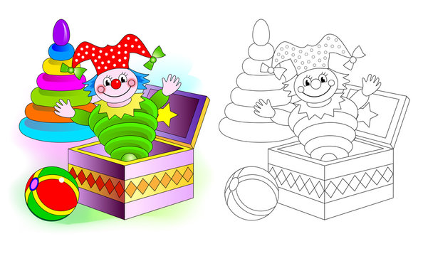 Colorful and black and white pattern for coloring. Set of cute baby toys with clown, ball and pyramid. Worksheet for coloring book for kids. Development children drawing skills. Vector image.