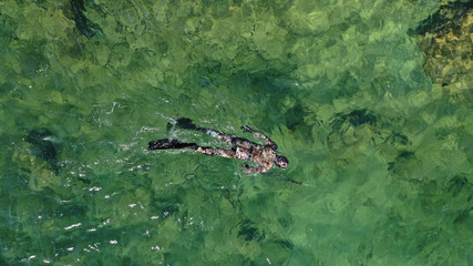 Aerial drone top view photo of spear fishing diver in tropical exotic emerald sea