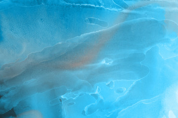 Hand painted blue alcohol ink background. Abstract delicate winter season texture. Contemporary wallpaper. 