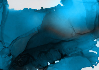 Hand painted blue alcohol ink background. Abstract delicate winter season texture. Contemporary wallpaper. 