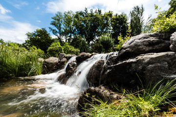 Fototapeta na wymiar steam with water flowing on wet stones near green trees in park