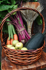 Basket with gifts of autumn consisting of carrots, beets, zucchini, apples, wheat on an old chair ....