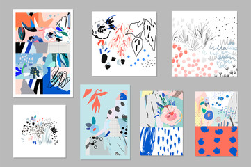 Creative universal artistic floral cards. Trendy Graphic Design for banner, poster, cover, invitation, placard, brochure, header. Art collage