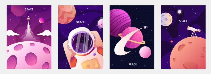 Astronaut in space. Planets of the solar system. Space travel and exploration. Set of cartoon vector templates for banners, cards, flyers, brochures. - 283263404