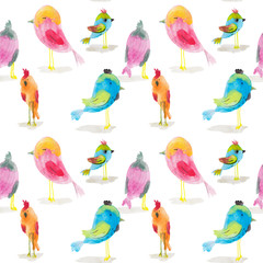 Watercolor colorful cartoon birds seamless pattern on white background. Isolated all colors birds on endless print.