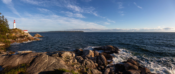Beautiful Panoramic view of a rocky ocean coast during a vibrant sunny sunset. Taken in Lighthouse Park, Horseshoe Bay, West Vancouver, British Columbia, Canada. © edb3_16