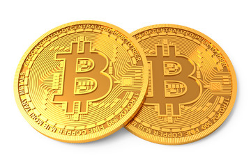 Two physical Bitcoins isolated on white background. Golden coins with bitcoin symbol. Digital currency. Cryptocurrency. 3d generated image