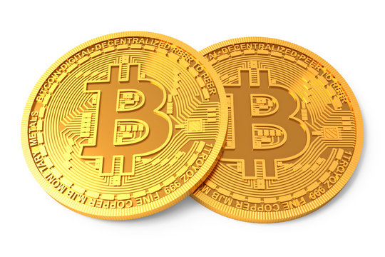 Two physical Bitcoins isolated on white background. Golden coins with bitcoin symbol. Digital currency. Cryptocurrency. 3d generated image