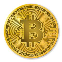Physical Bitcoin isolated on white background. Golden coin with bitcoin symbol in front view. Digital currency. Cryptocurrency. Stock vector illustration