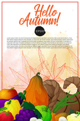 Vertical vector banner for thanksgiving day or harvest festival with hand draw cornucopia or horn of plenty with vegetables and fruits and mushrooms on white background with outline autumn leaves