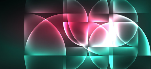 Techno glowing glass geometric shapes vector background, futuristic dark template with neon light effects and simple forms