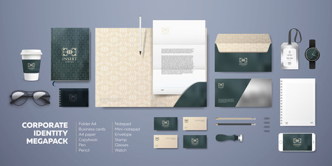 Premium corporate design with marble background. Vintage identity stationery mockups set template. Folder, envelope, visiting card, letterhead and notepad. Modern visual for business and team style.