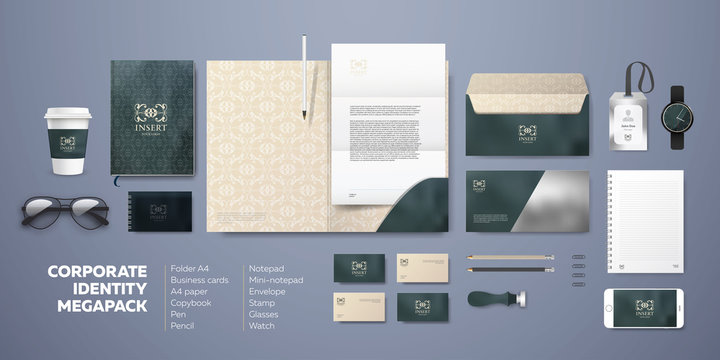 Premium Corporate Design With Marble Background. Vintage Identity Stationery Mockups Set Template. Folder, Envelope, Visiting Card, Letterhead And Notepad. Modern Visual For Business And Team Style.