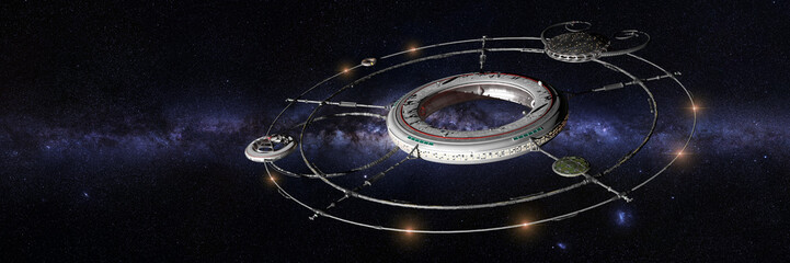 space station, futuristic habitat in fron tof the Milky Way galaxy (3d science fiction illustration banner) © dottedyeti