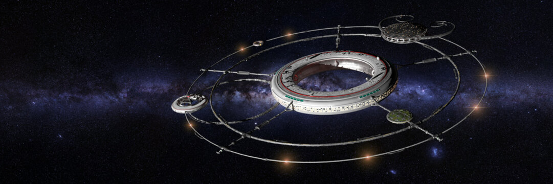 space station, futuristic habitat in fron tof the Milky Way galaxy (3d science fiction illustration banner)