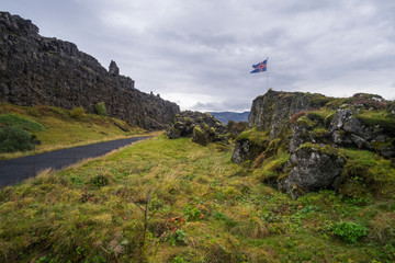 Naklejka premium Iceland flag in the Thingvellir National Park in Iceland