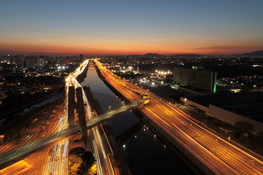 Estaiada bridge aerial view. S&atilde;o Paulo, Brazil. Business center. Financial Center. Famous cable-stayed bridge.  Business travel. Travel destination.