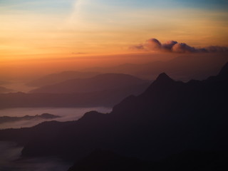 sunrise with fog in highest mountain of Thailand