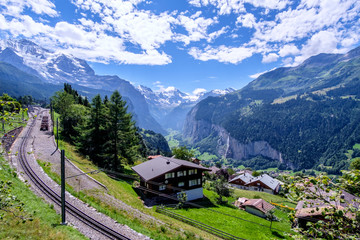 Beautiful view of Staubbach waterfall in Lauterbrunnen village, Switzerland