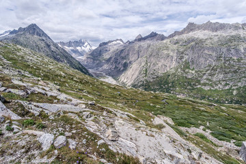 Fototapeta na wymiar Beautiful landscape at Grimsel pass - mountain road in Swiss Alps, Switzerland