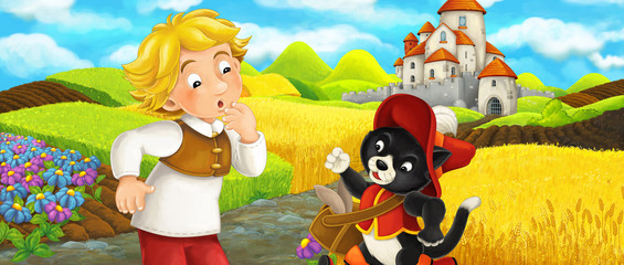 Plakat Cartoon scene - cat traveling to the castle on the hill with young boy farmer - illustration for children