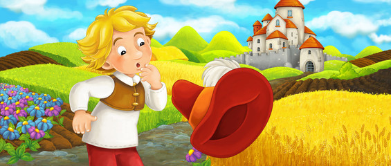 Fototapeta na wymiar Cartoon scene - young farmer traveling to the castle on the hill seeing flying cap - illustration for children