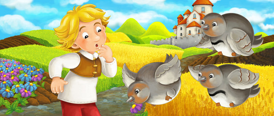 Fototapeta na wymiar Cartoon scene - young farmer traveling to the castle on the hill seeing flying birds - illustration for children