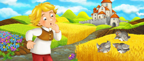 Obraz na płótnie Canvas Cartoon scene - young farmer traveling to the castle on the hill seeing flying birds - illustration for children