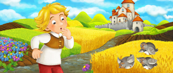 Cartoon scene - young farmer traveling to the castle on the hill seeing flying birds - illustration for children