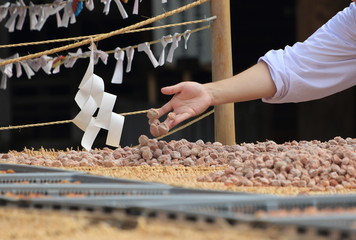 京都、北野天満宮で行われた土用干しの作業風景