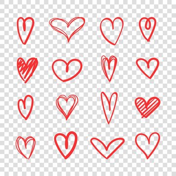 Heand drawn heart icon set. Red heart sketch art