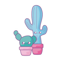set of cactus tropicals in pot plants kawaii style