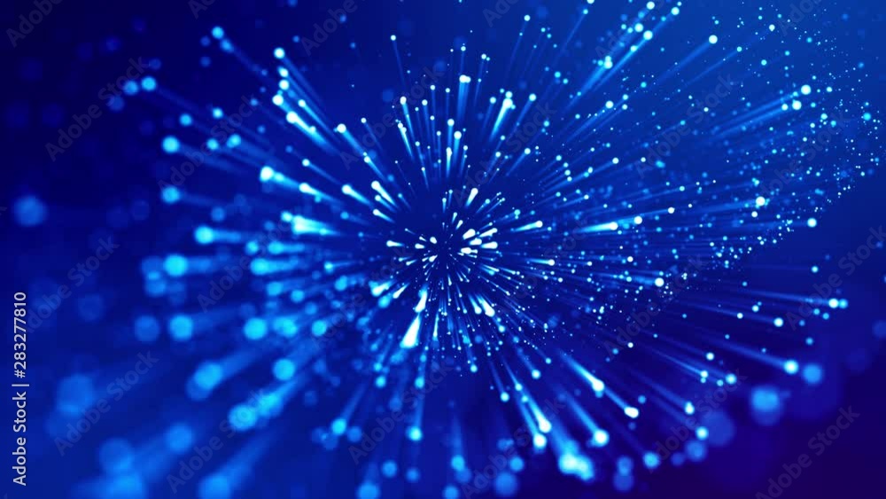 Poster blue shiny sparkling particles with light rays move in a viscous liquid. it is 4k 3d animation as ab