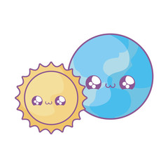 world planet earth with sun kawaii style
