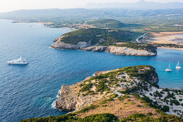 View of Voidokilia beach in the Peloponnese region of Greece, from the Palaiokastro