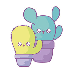 set of cactus tropicals in pot plants kawaii style